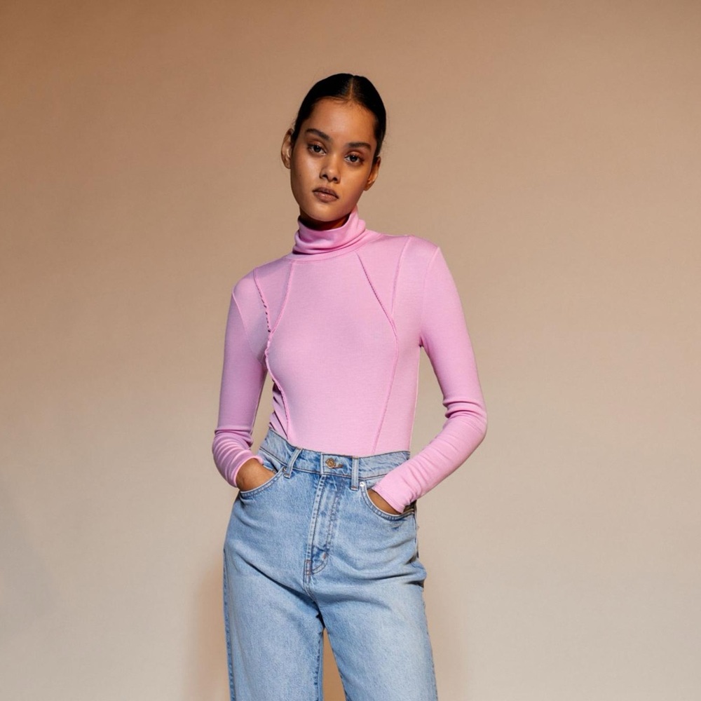 UO Out From Under Willow Ribbed Bodysuit Turtle Neck Bubblegum Pink